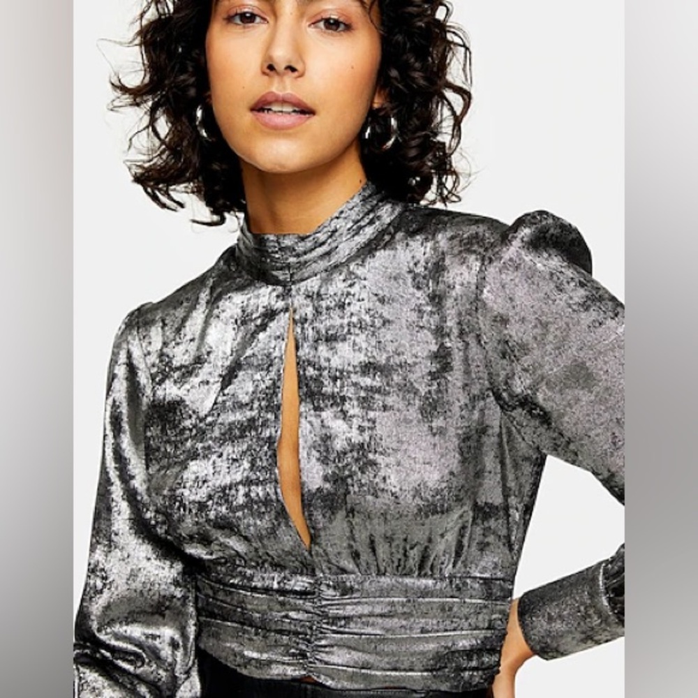 NWT Topshop High Neck Ruched Shimmery  Blouse In Gunmetal Metallic Silver 10